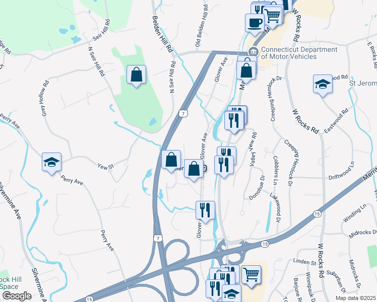 map of restaurants, bars, coffee shops, grocery stores, and more near 16 Oakwood Avenue in Norwalk