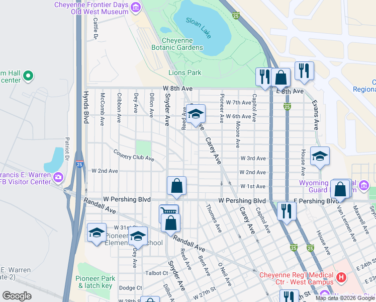 map of restaurants, bars, coffee shops, grocery stores, and more near 707 Frontier Park Avenue in Cheyenne