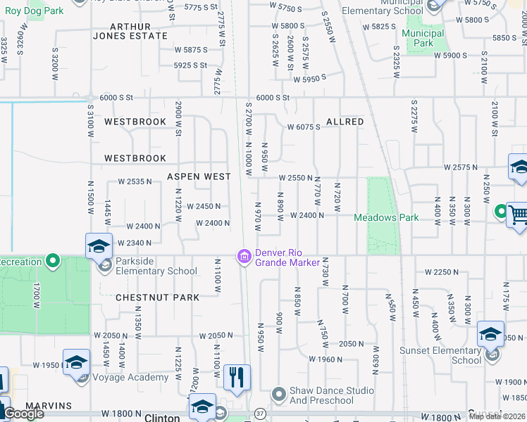 map of restaurants, bars, coffee shops, grocery stores, and more near 954 West 2400 North in Clinton