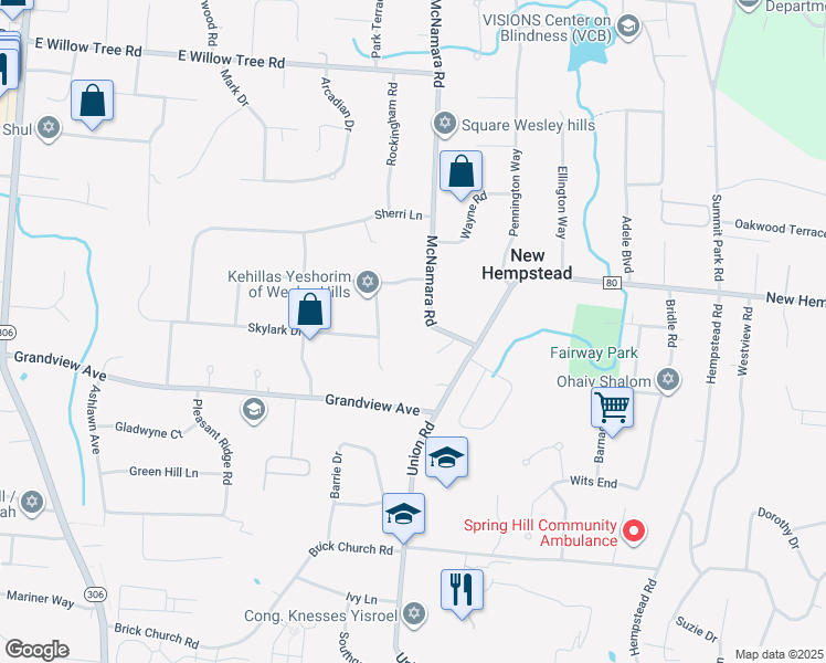map of restaurants, bars, coffee shops, grocery stores, and more near 29 McNamara Road in Spring Valley