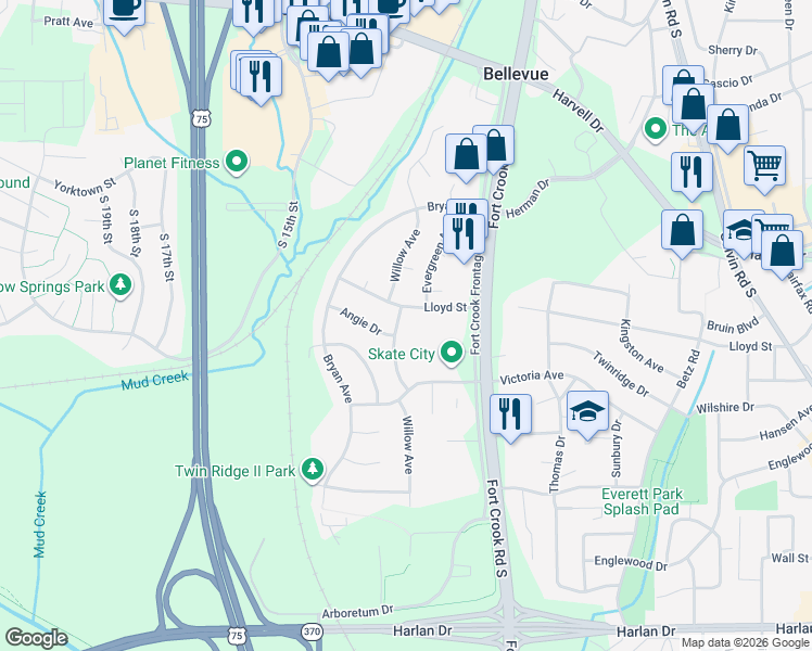 map of restaurants, bars, coffee shops, grocery stores, and more near 2801 Lloyd Street in Bellevue