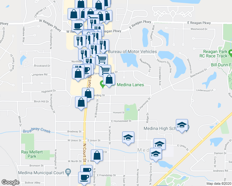 map of restaurants, bars, coffee shops, grocery stores, and more near 317 Harding Street in Medina