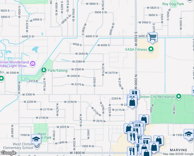 map of restaurants, bars, coffee shops, grocery stores, and more near 2462 2350 West in Clinton