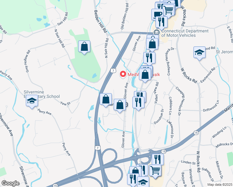 map of restaurants, bars, coffee shops, grocery stores, and more near 4 Oakwood Avenue in Norwalk
