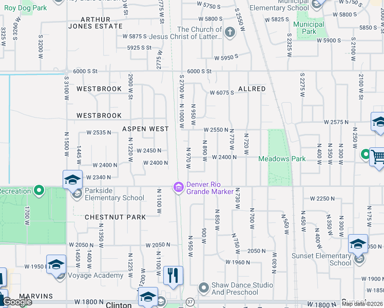 map of restaurants, bars, coffee shops, grocery stores, and more near 954 West 2400 North in Clinton