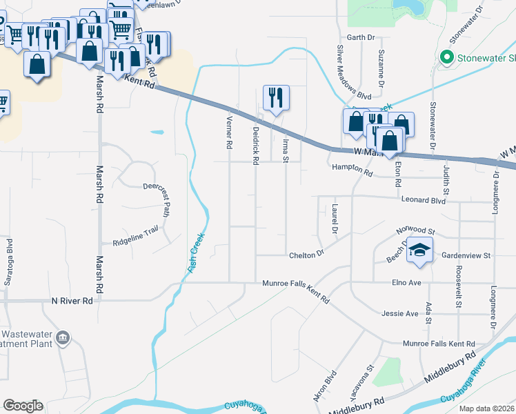 map of restaurants, bars, coffee shops, grocery stores, and more near 3410 Deidrick Road in Kent