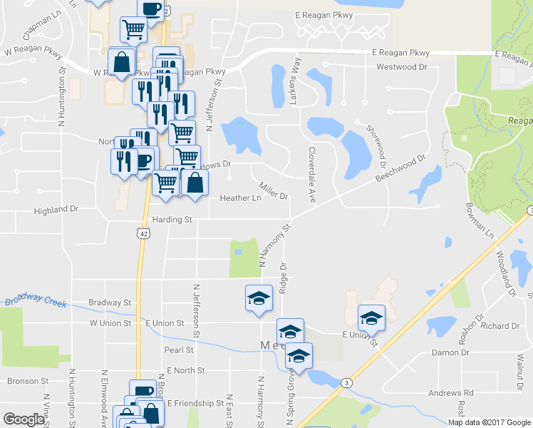 map of restaurants, bars, coffee shops, grocery stores, and more near 507 Harding Street in Medina
