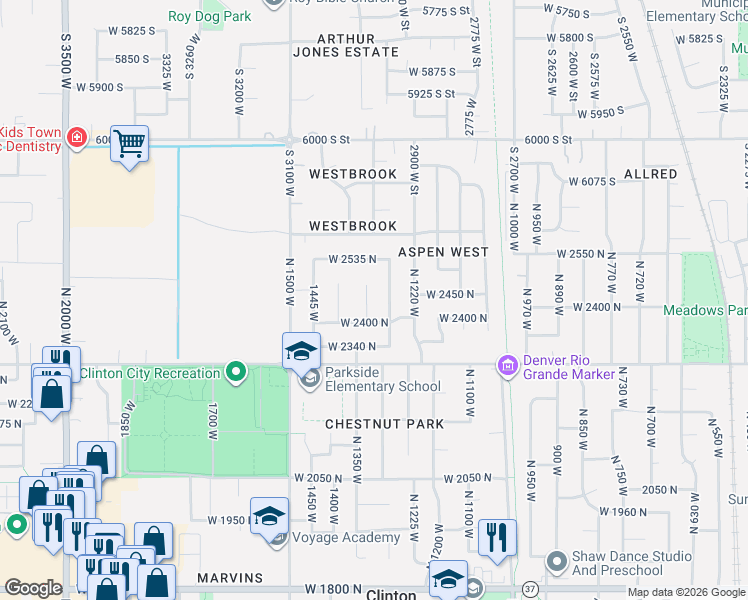 map of restaurants, bars, coffee shops, grocery stores, and more near 2474 North 1325 West in Clinton