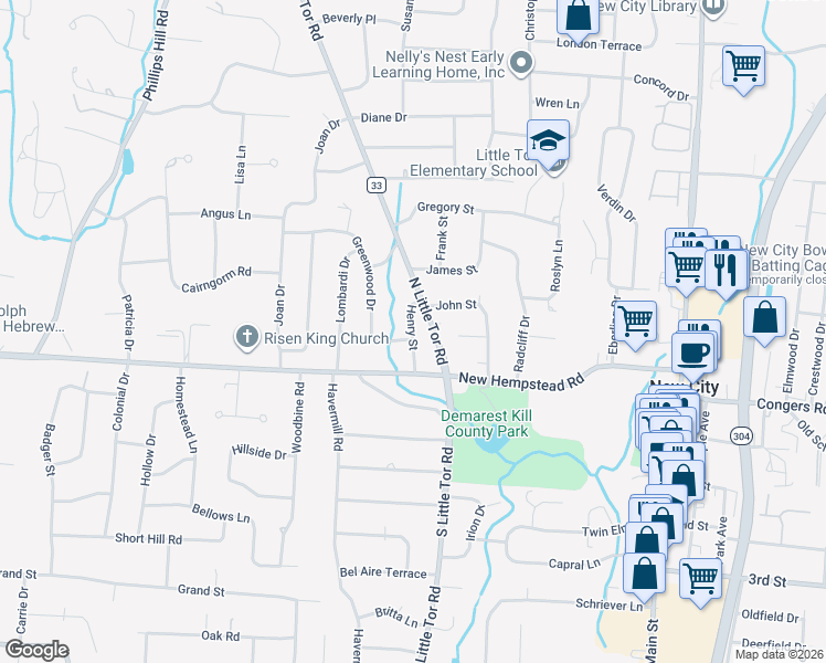 map of restaurants, bars, coffee shops, grocery stores, and more near 8 Henry Street in New City