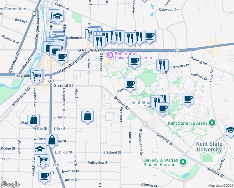 map of restaurants, bars, coffee shops, grocery stores, and more near 325 Terrace Drive in Kent