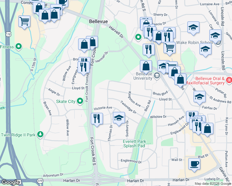 map of restaurants, bars, coffee shops, grocery stores, and more near 2207 Lloyd Street in Bellevue