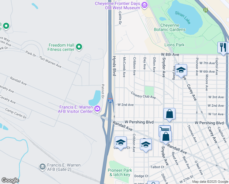 map of restaurants, bars, coffee shops, grocery stores, and more near 3567 Hynds Boulevard in Cheyenne