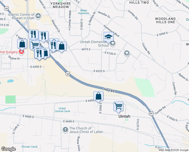map of restaurants, bars, coffee shops, grocery stores, and more near 6262 South 2050 East in Ogden