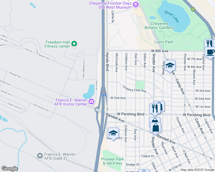 map of restaurants, bars, coffee shops, grocery stores, and more near 3569 Hynds Boulevard in Cheyenne