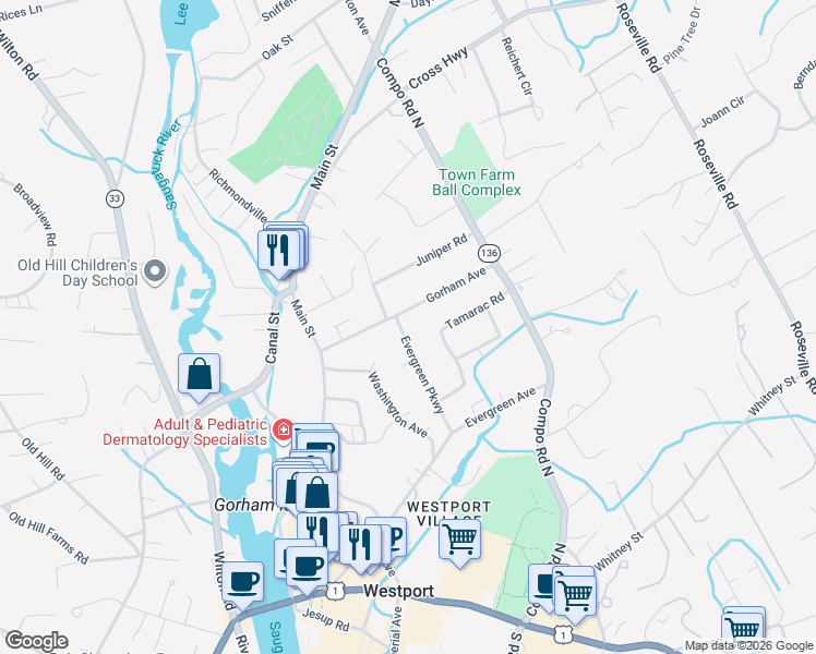 map of restaurants, bars, coffee shops, grocery stores, and more near 36 Evergreen Parkway in Westport