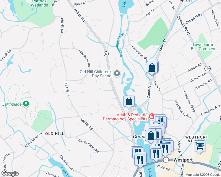 map of restaurants, bars, coffee shops, grocery stores, and more near 184 Connecticut 33 in Westport
