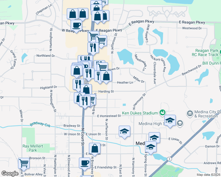 map of restaurants, bars, coffee shops, grocery stores, and more near 934 North Jefferson Street in Medina