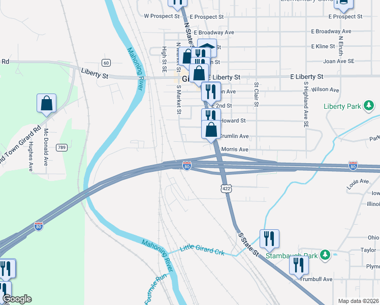 map of restaurants, bars, coffee shops, grocery stores, and more near 53 Hancock Street Southeast in Girard