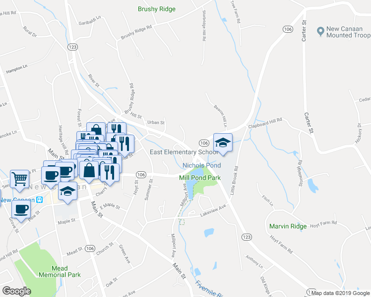 map of restaurants, bars, coffee shops, grocery stores, and more near 10 Canaan Close in New Canaan