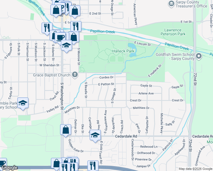 map of restaurants, bars, coffee shops, grocery stores, and more near 802 South Grandview Avenue in Papillion