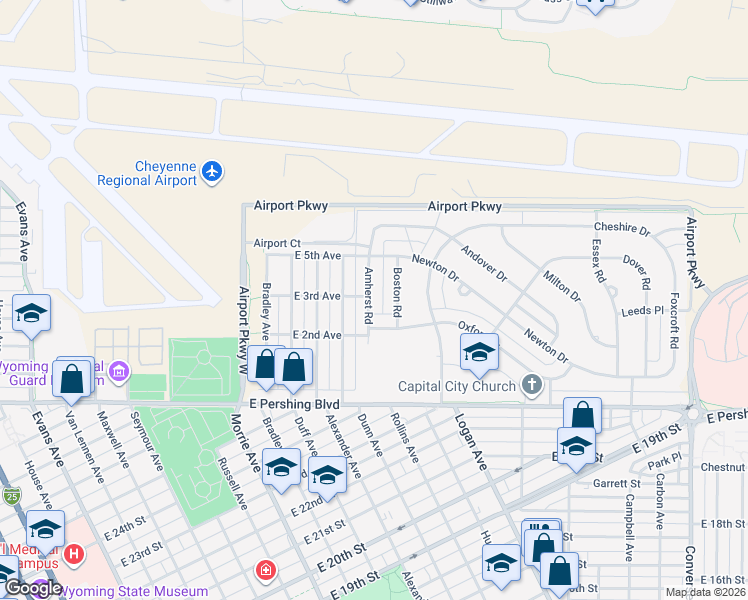 map of restaurants, bars, coffee shops, grocery stores, and more near 3533 Amherst Road in Cheyenne