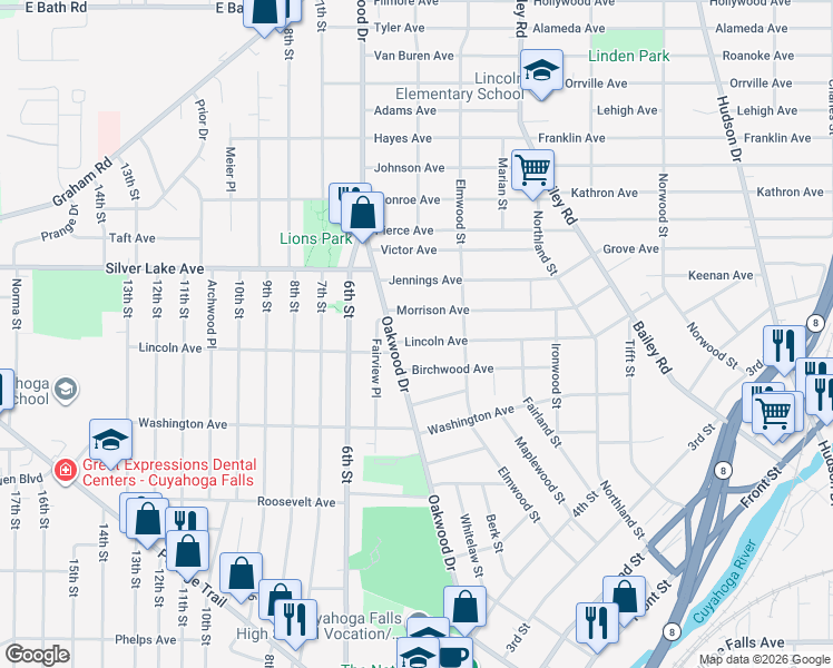 map of restaurants, bars, coffee shops, grocery stores, and more near 407 Lincoln Avenue in Cuyahoga Falls