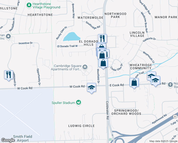map of restaurants, bars, coffee shops, grocery stores, and more near 7604 Cold Springs Boulevard in Fort Wayne