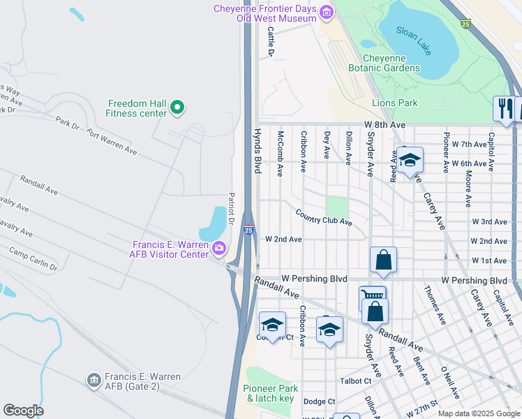 map of restaurants, bars, coffee shops, grocery stores, and more near 3583 Hynds Boulevard in Cheyenne