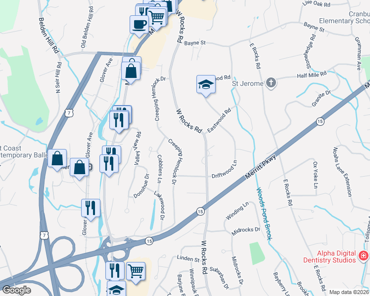 map of restaurants, bars, coffee shops, grocery stores, and more near 36 Creeping Hemlock Drive in Norwalk