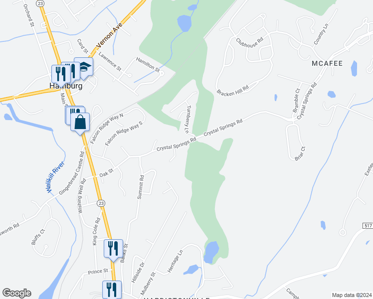 map of restaurants, bars, coffee shops, grocery stores, and more near 15 Crystal Springs Road in Hamburg