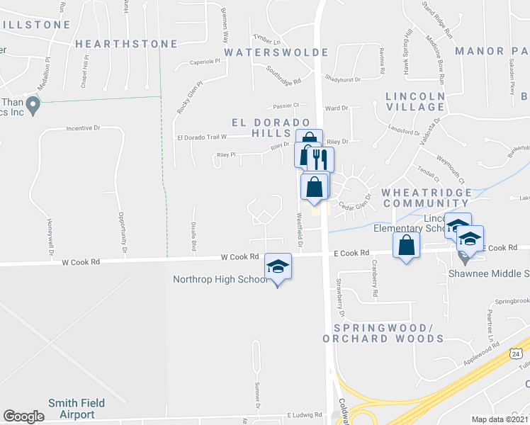 map of restaurants, bars, coffee shops, grocery stores, and more near 7604 Cold Springs Boulevard in Fort Wayne