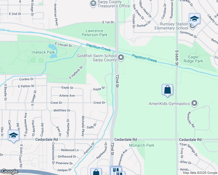 map of restaurants, bars, coffee shops, grocery stores, and more near 1003 Patricia Drive in Papillion