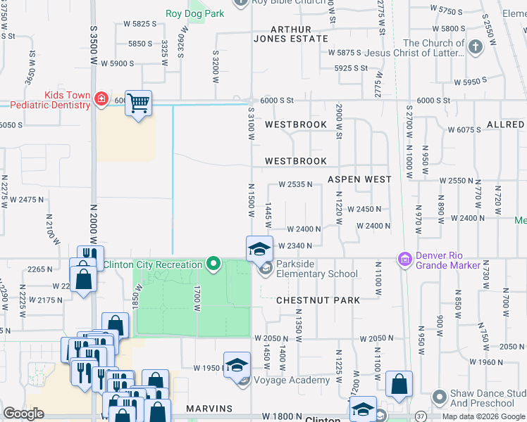 map of restaurants, bars, coffee shops, grocery stores, and more near 2433 North 1445 West in Clinton