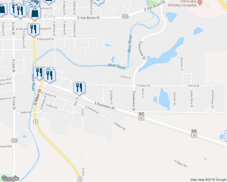 map of restaurants, bars, coffee shops, grocery stores, and more near 553 South Golden Street in Columbia City