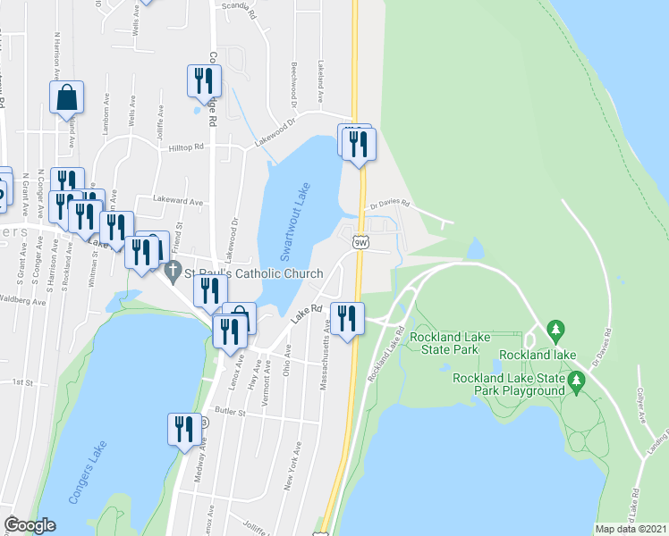 map of restaurants, bars, coffee shops, grocery stores, and more near 21 Old Lake Road in Congers