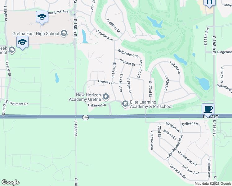map of restaurants, bars, coffee shops, grocery stores, and more near 10920 South 175th Avenue in Omaha