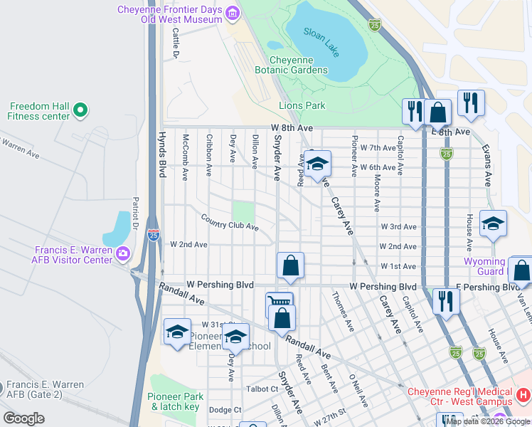 map of restaurants, bars, coffee shops, grocery stores, and more near 913 Foyer Avenue in Cheyenne