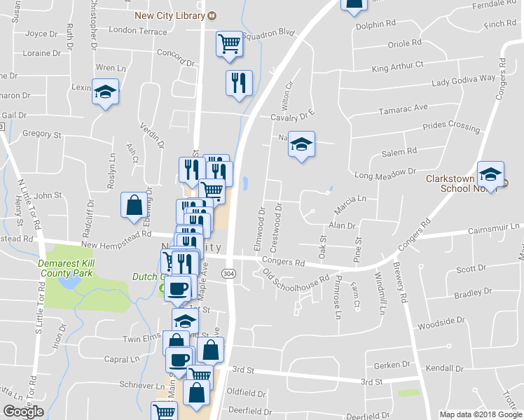 map of restaurants, bars, coffee shops, grocery stores, and more near 27 Elmwood Drive in New City