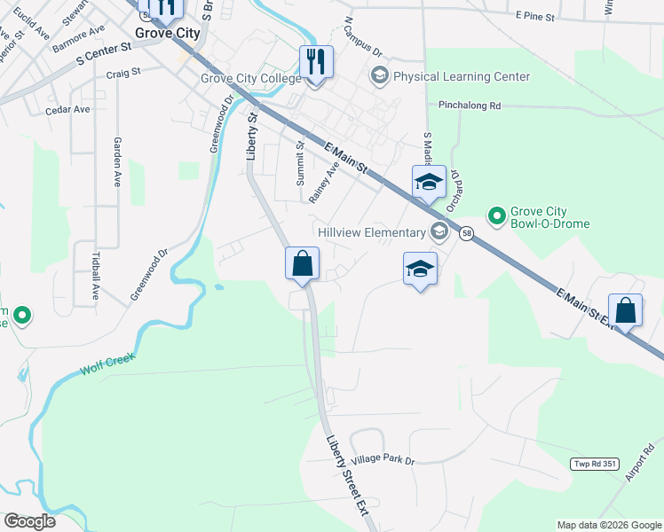map of restaurants, bars, coffee shops, grocery stores, and more near 668 Flower Street in Grove City