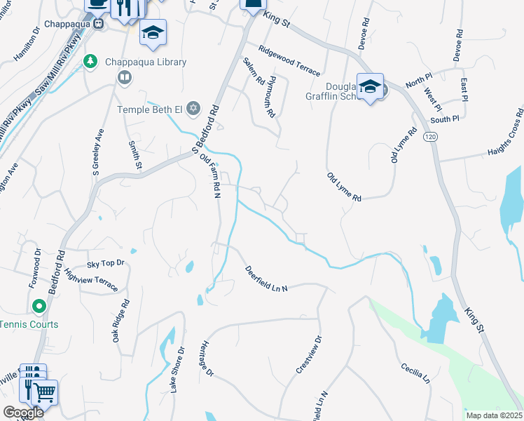 map of restaurants, bars, coffee shops, grocery stores, and more near 44 Brook Farm Close in Chappaqua