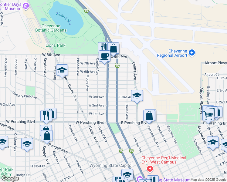 map of restaurants, bars, coffee shops, grocery stores, and more near 117 East 4th Avenue in Cheyenne