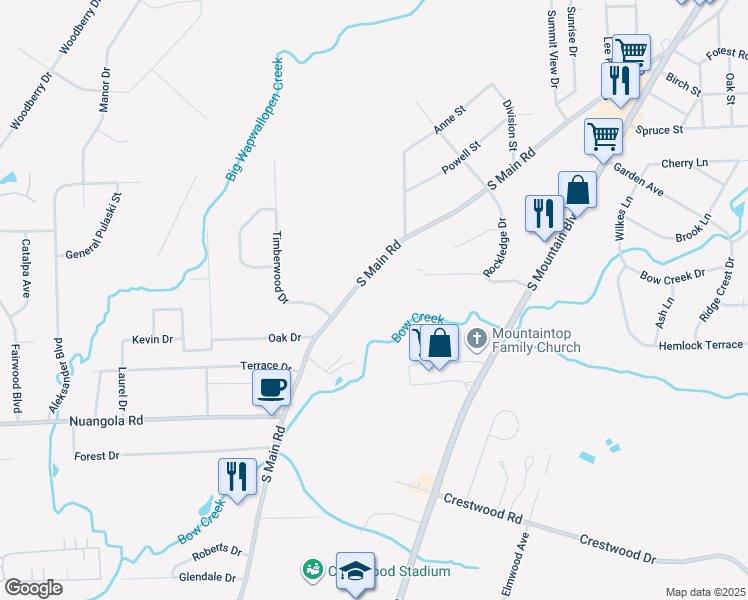 map of restaurants, bars, coffee shops, grocery stores, and more near 240 South Main Road in Mountain Top