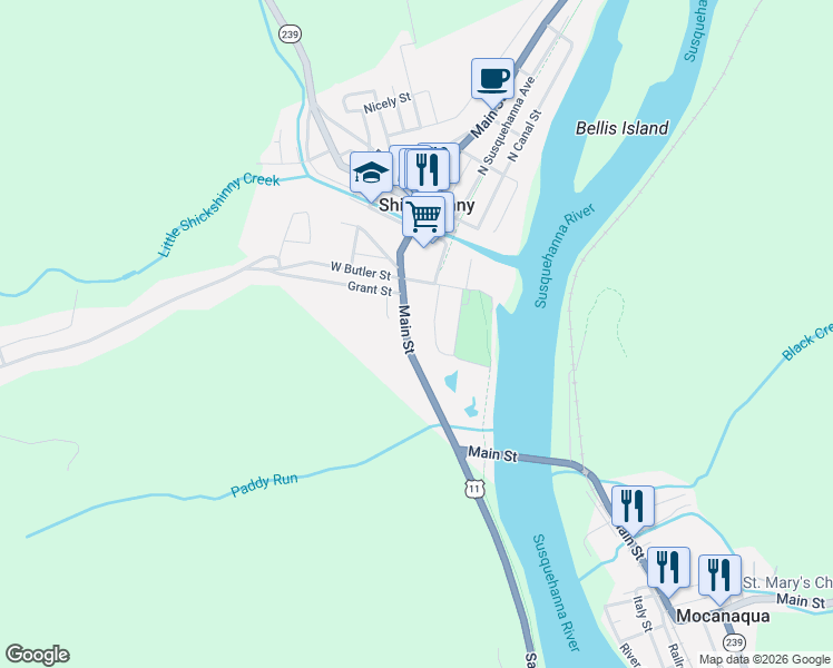 map of restaurants, bars, coffee shops, grocery stores, and more near 93 South Main Street in Shickshinny