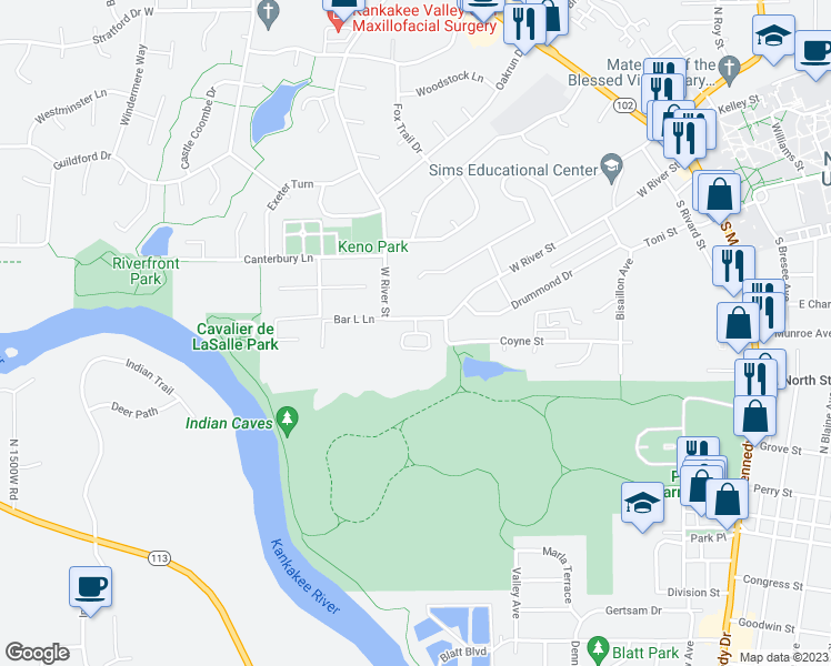 map of restaurants, bars, coffee shops, grocery stores, and more near 728 River Place Drive in Bourbonnais