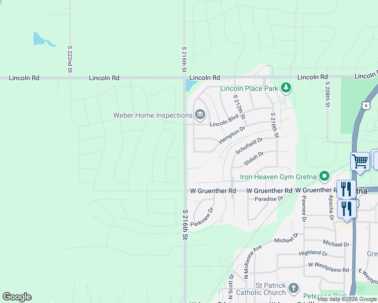 map of restaurants, bars, coffee shops, grocery stores, and more near 11012 South 215th Street in Gretna