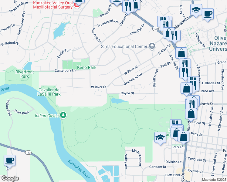 map of restaurants, bars, coffee shops, grocery stores, and more near 675 Coyne Street in Bourbonnais