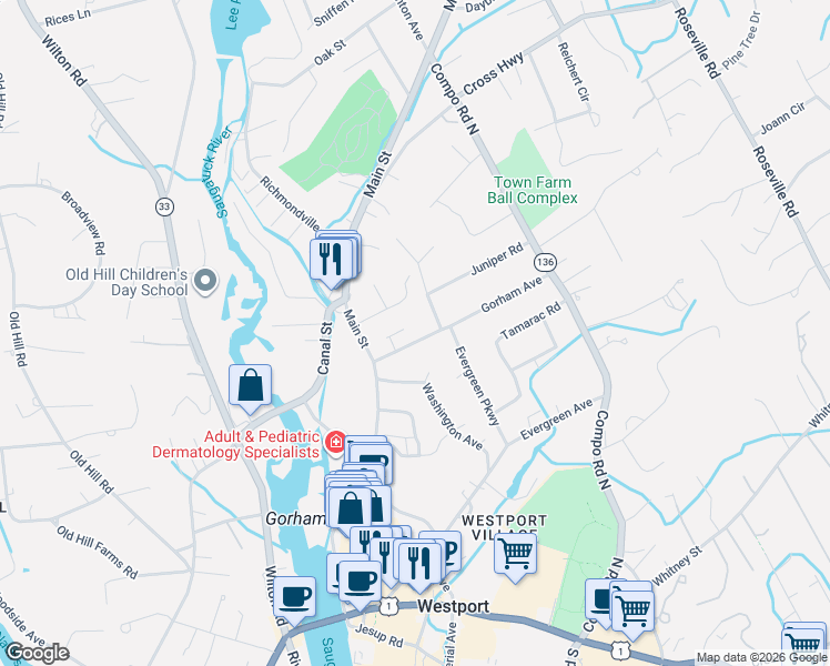 map of restaurants, bars, coffee shops, grocery stores, and more near 19 Gorham Avenue in Westport