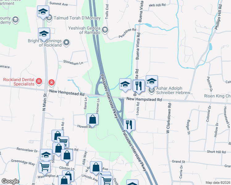 map of restaurants, bars, coffee shops, grocery stores, and more near 398 New Hempstead Road in New City