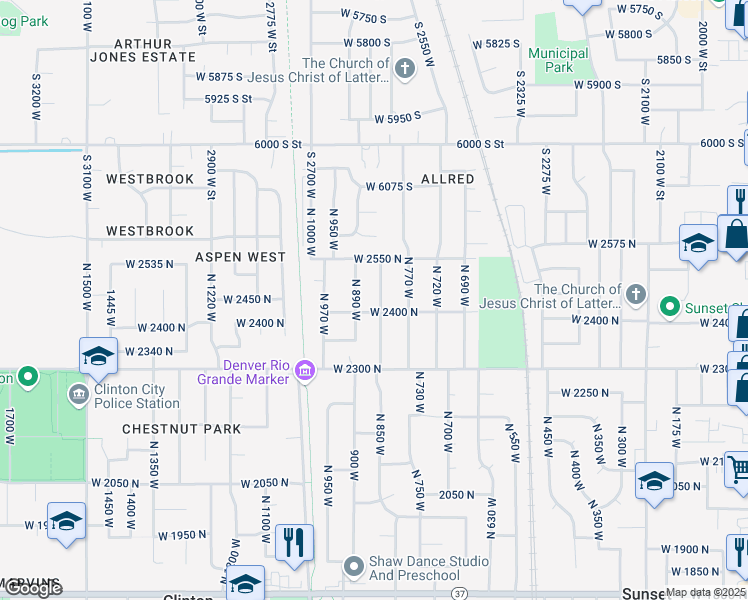 map of restaurants, bars, coffee shops, grocery stores, and more near 2437 North 840 West in Clinton