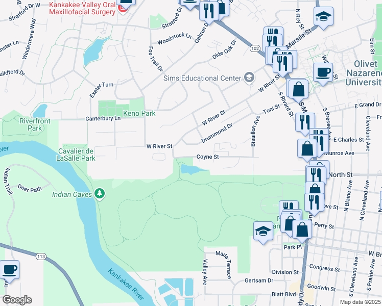 map of restaurants, bars, coffee shops, grocery stores, and more near 675 Coyne Street in Bourbonnais